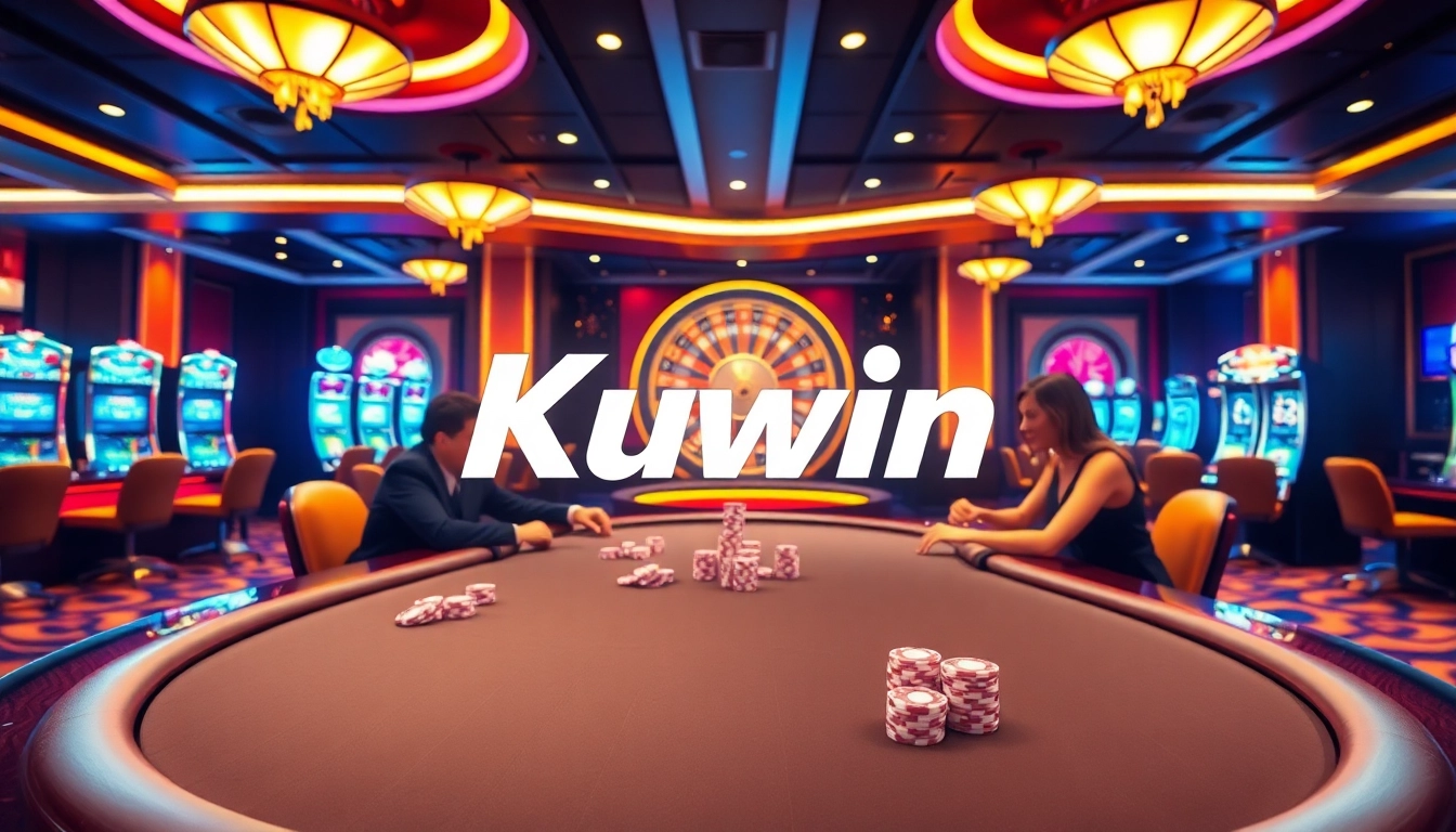 Kuwin casino scene with enthusiastic players at a poker table, vibrant poker chips, and a roulette wheel.