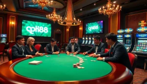 Experience the thrill of qh88 with a captivating poker game at a luxurious casino table.