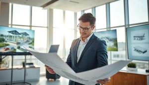 Flachdach Fachplaner bundesweit analysiert präzise Baupläne in einem modernen Büro.