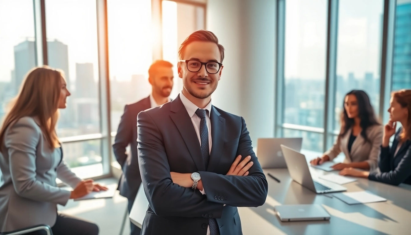 Headhunter engaging with diverse candidates in a modern office environment.