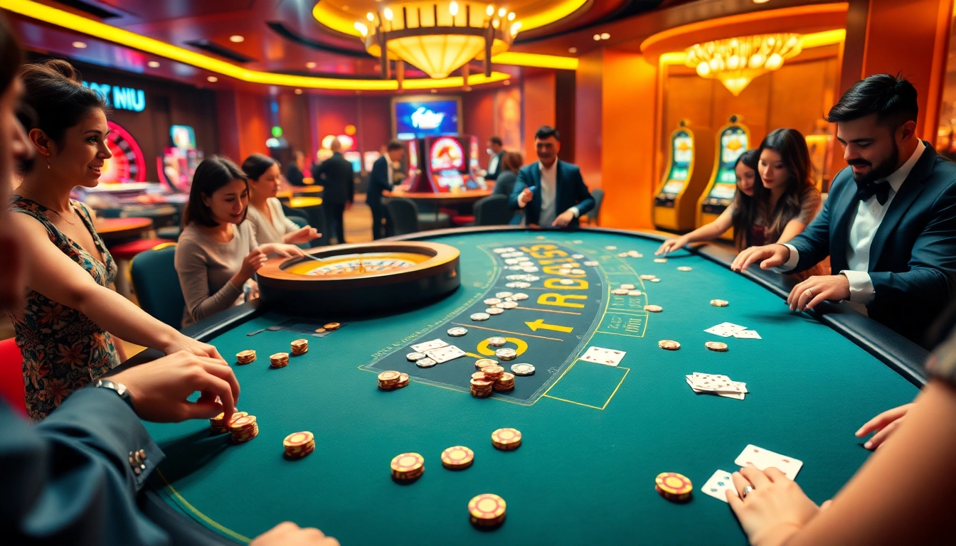 Gambling at the NOHU gaming table with excited players around poker chips and cards.