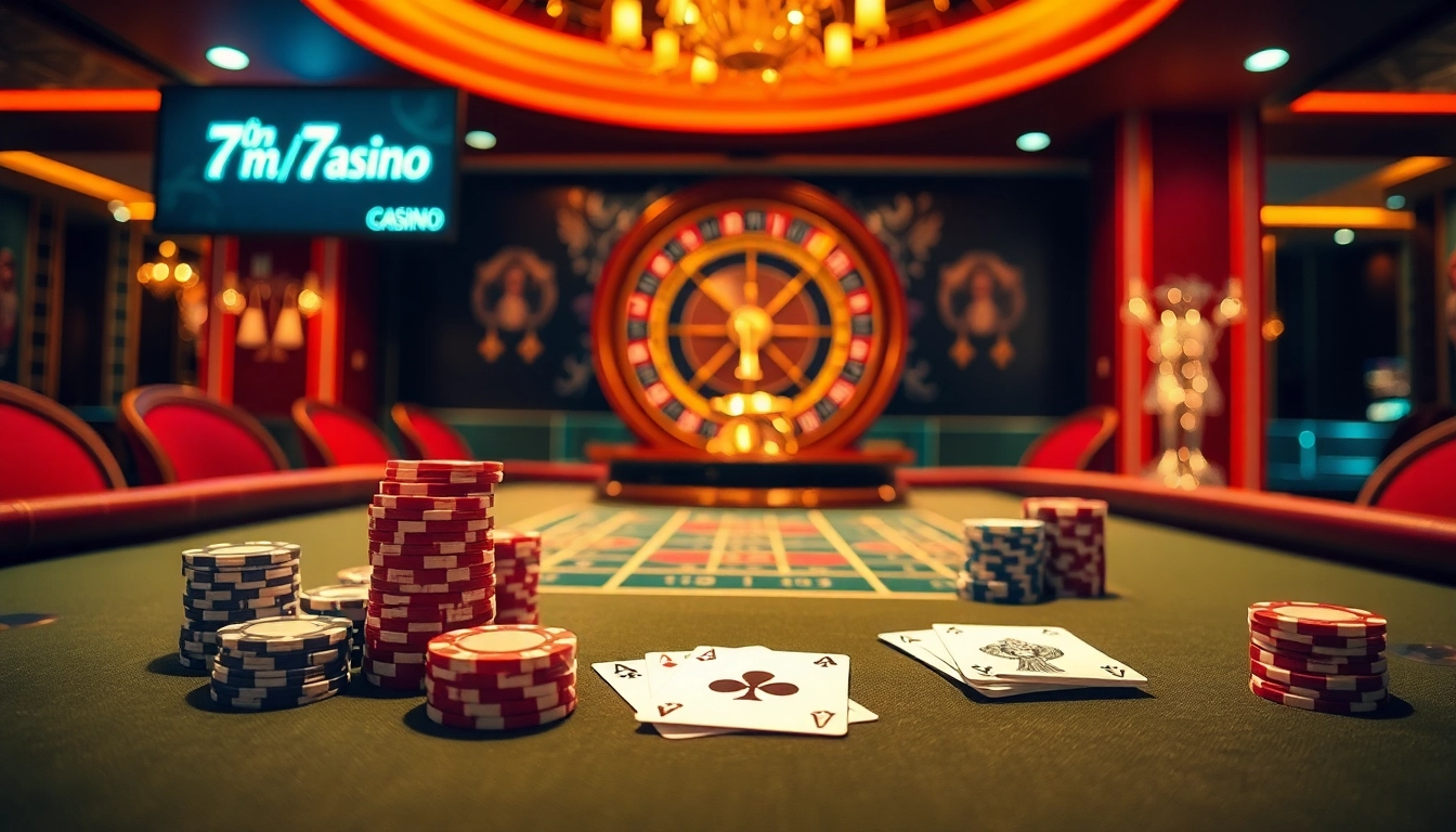 A high-stakes poker game at 7m Casino with stylish cards and chips creating an inviting atmosphere.