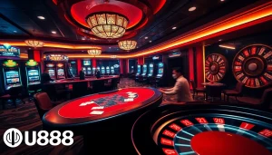 Engaging poker action in a luxurious U888 casino setting, showcasing vibrant slot machines and thrilling games.