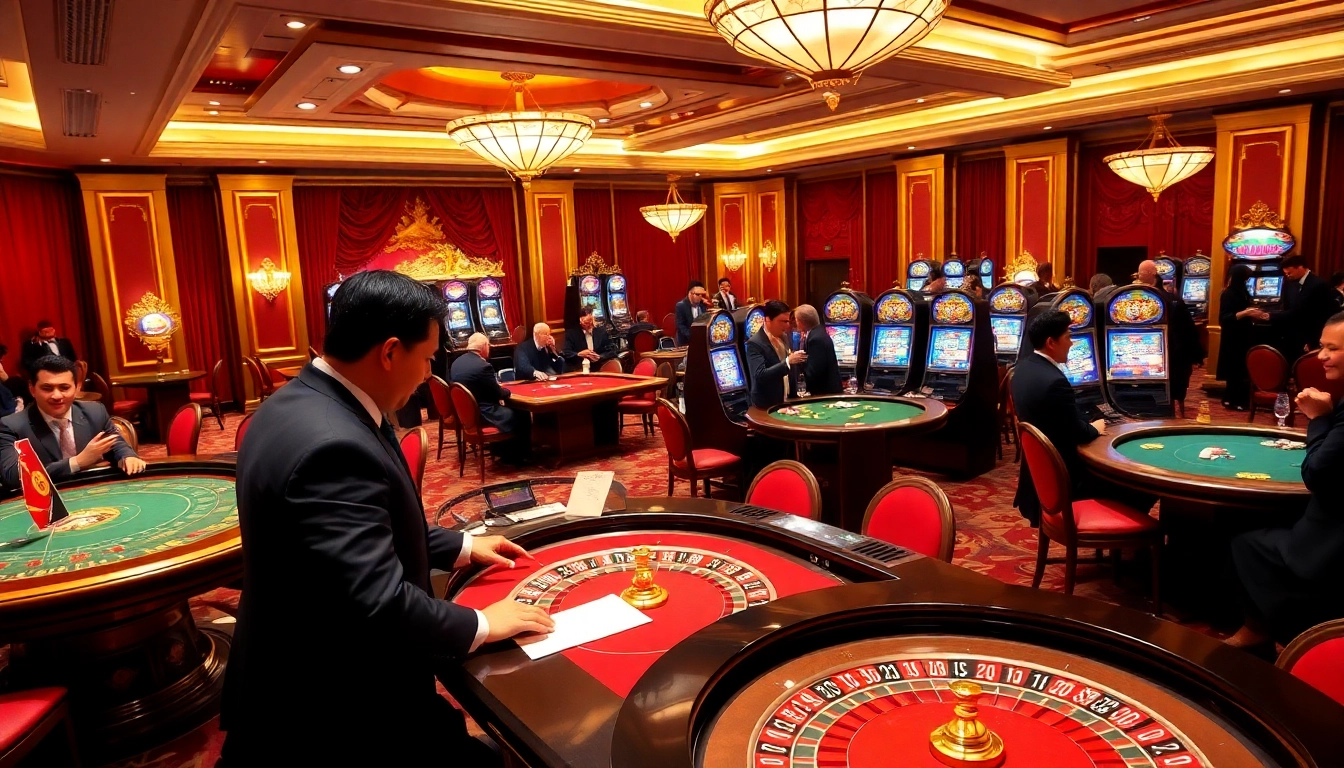 Exciting gambling scene featuring nhà cái fun79, showcasing poker tables and vibrant slot machines.