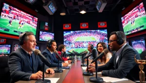 Dynamic sports broadcasting studio with engaging hosts discussing live events.