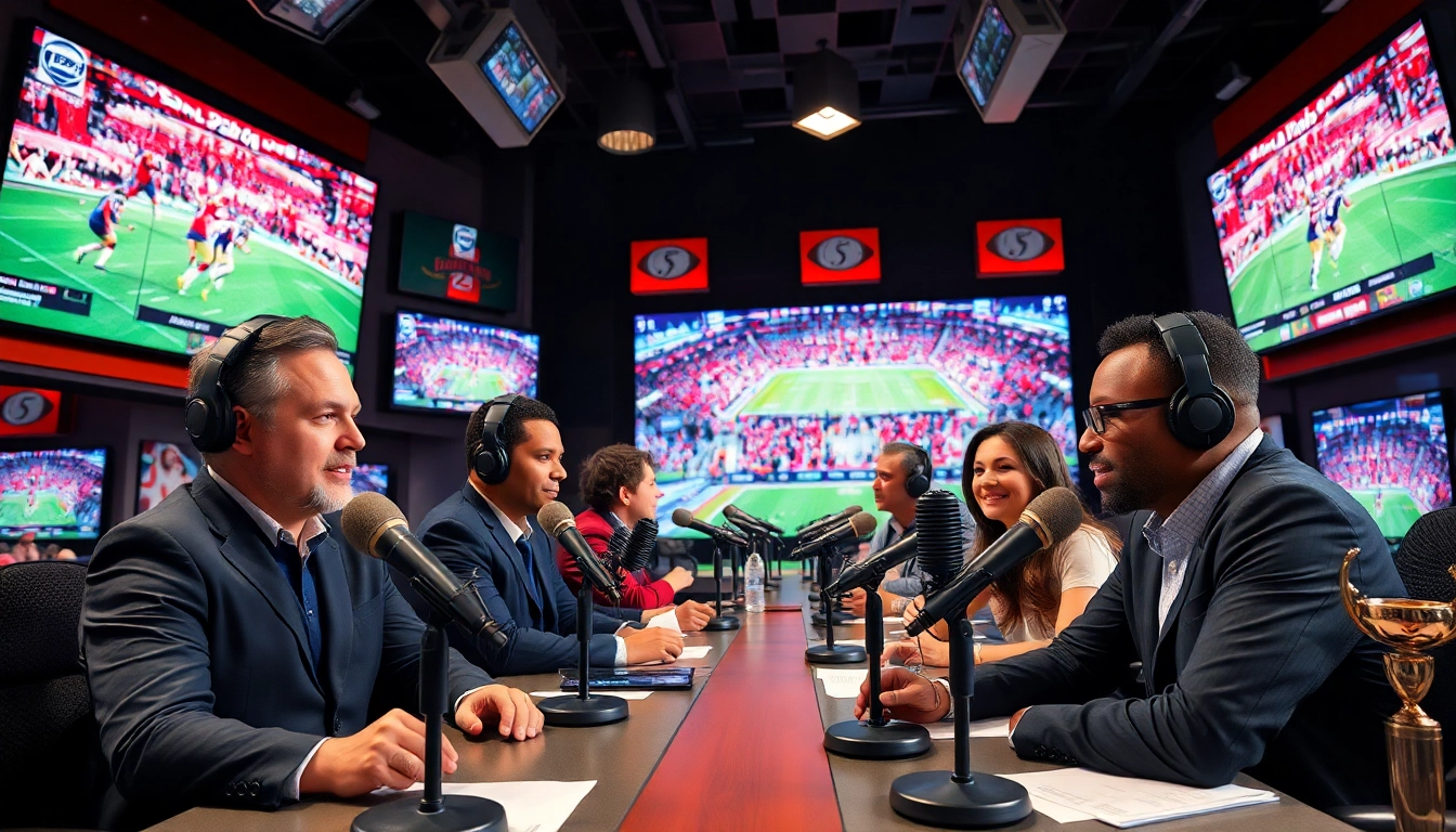 Dynamic sports broadcasting studio with engaging hosts discussing live events.
