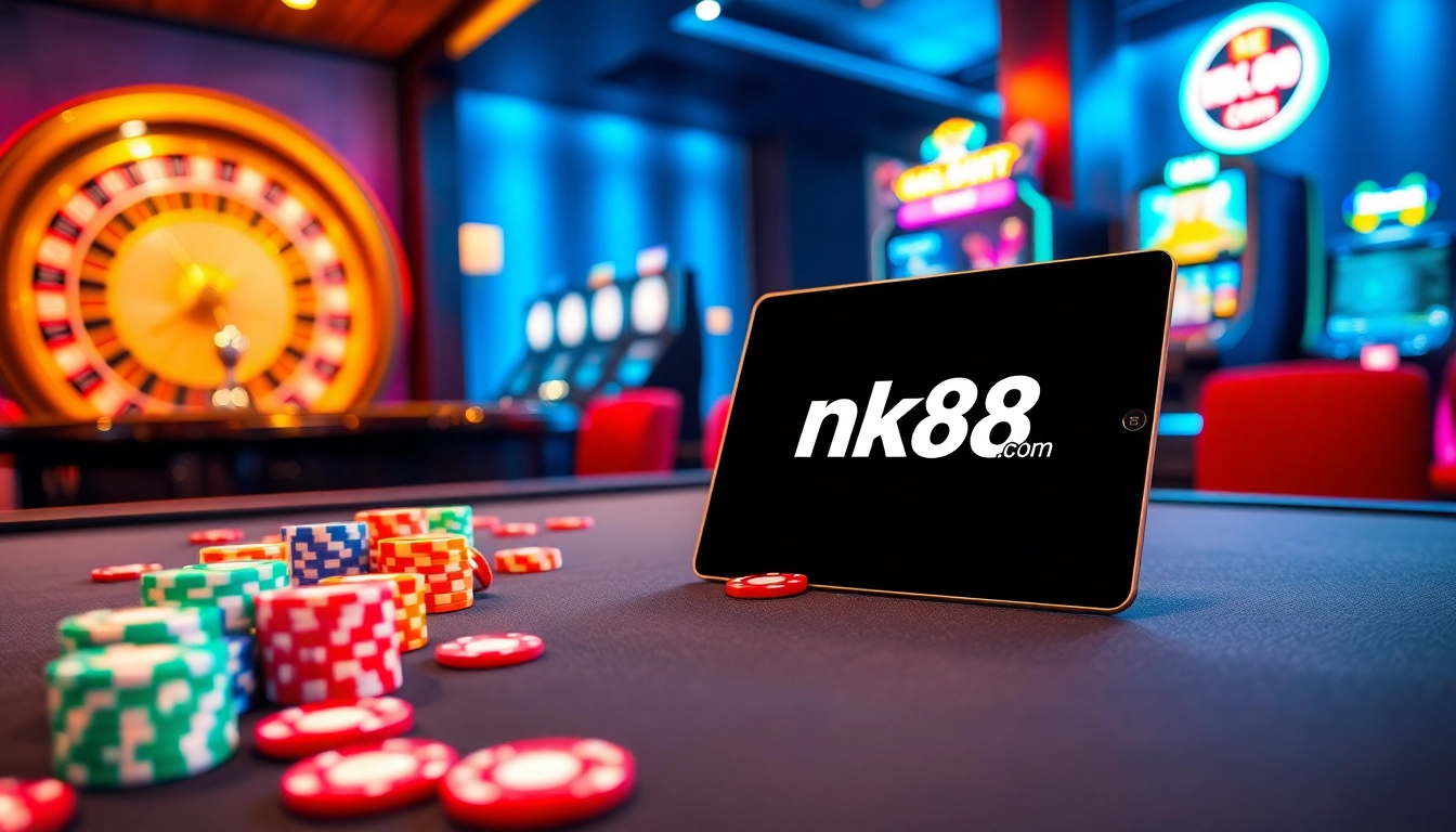 Experience the thrill of winning at nk88.com with a vibrant casino scene featuring tables and slot machines.