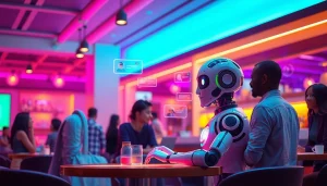 Engaging scene of juicy ai technology in a modern café, featuring interactive chatbots and diverse users.