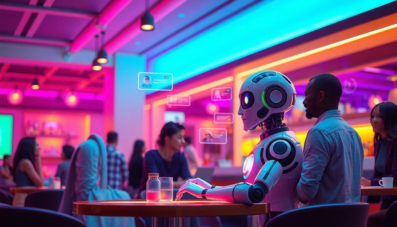 Engaging scene of juicy ai technology in a modern café, featuring interactive chatbots and diverse users.