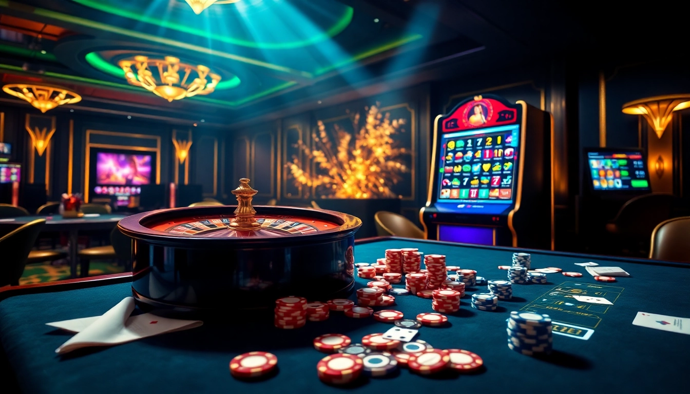 Cazinouri online Germania bonus fără depunere, prezentate într-o scenă palpitantă de cazinou cu ruletă și automate de joc.