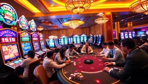 Players enjoying luxury gaming experiences at GO99 casino with bright slot machines and poker tables.