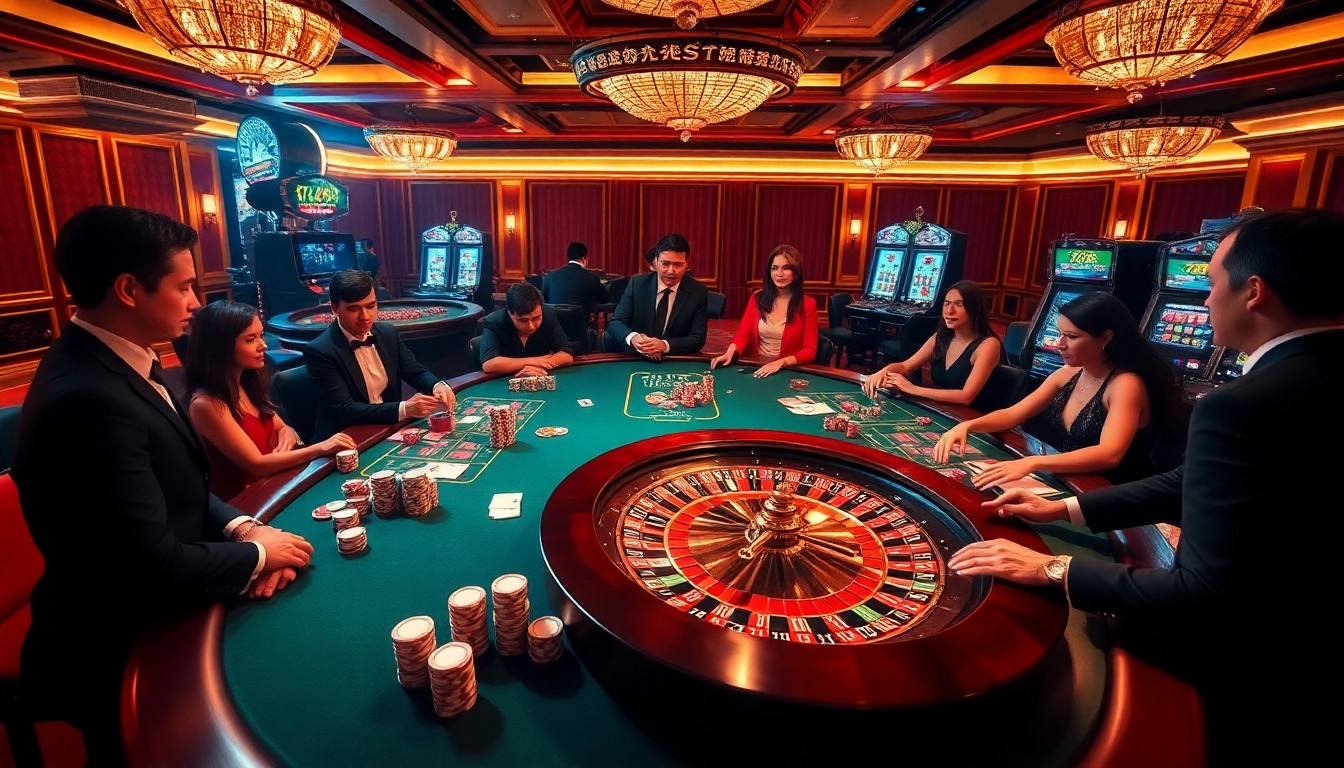 Players enjoying thrilling games at 789P casino with vibrant atmosphere featuring roulette and poker tables.