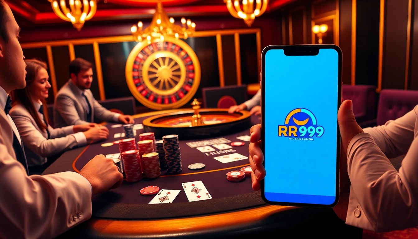 RR99 players engaging in high-stakes poker with colorful chips and a vibrant roulette wheel backdrop.