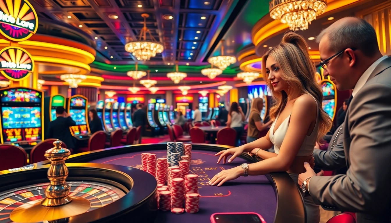 Excited players engaging in thrilling go8 casino games with colorful chips and roulette wheels.