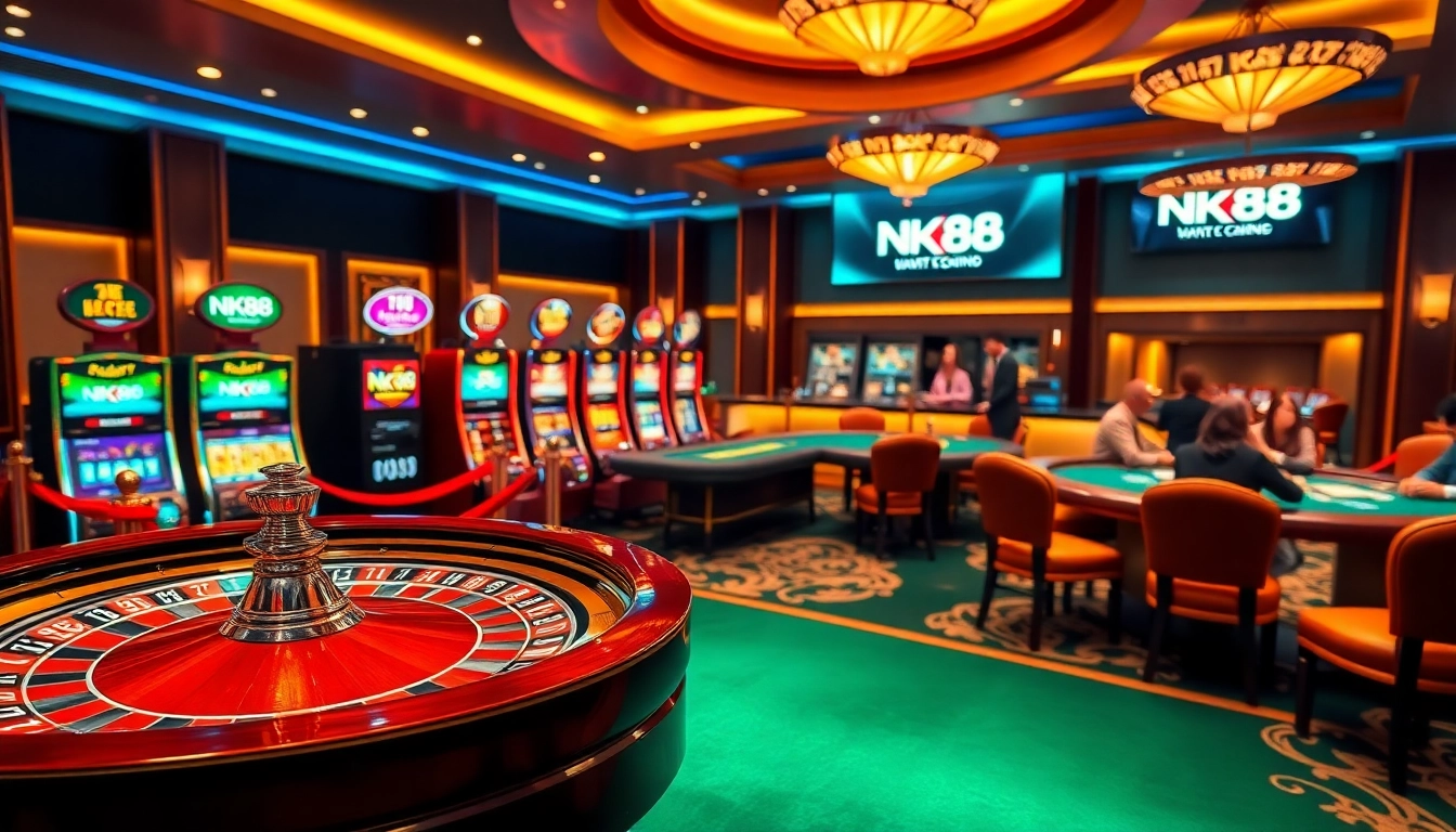 Engaging gamblers at the luxurious NK88 casino with vibrant slot machines and roulette table.