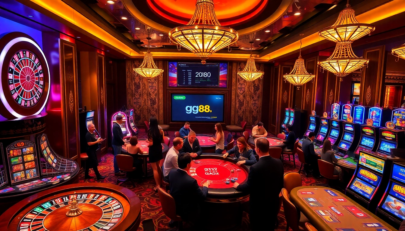 Players enjoying thrilling games at gg88.ltd casino, featuring roulette and poker tables.