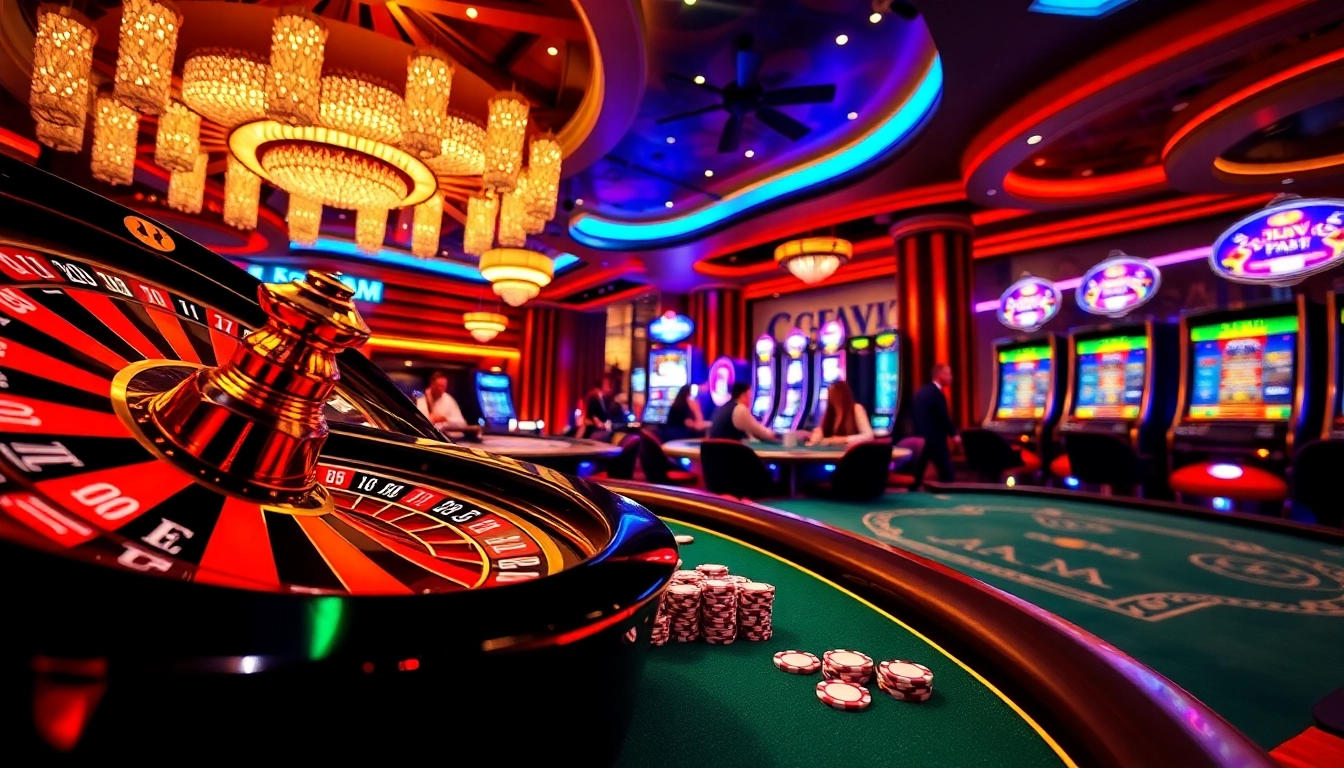 Experience the excitement of kubet88 at a luxurious casino with roulette and poker tables.