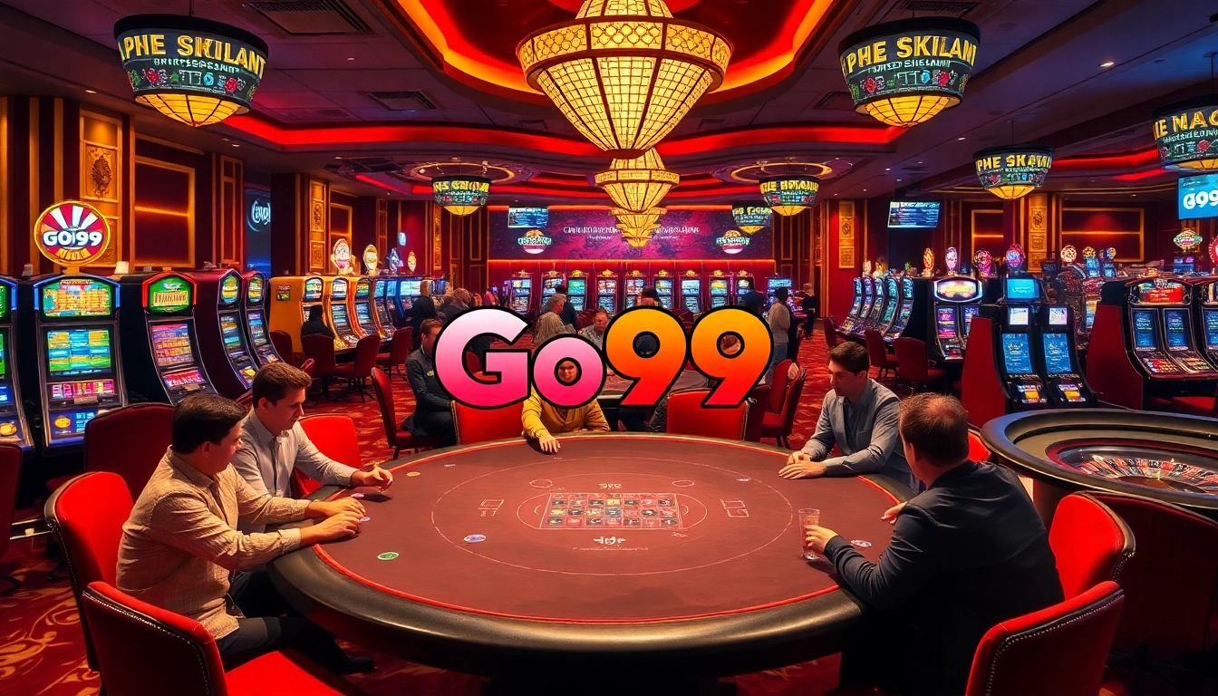 Players engage around a Go99 poker table in a luxurious and exciting casino setting.
