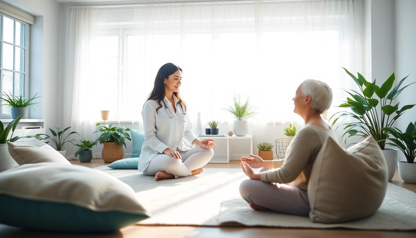 Emphasizing emotional wellbeing, a therapist and client engage in a mindfulness session in a calming space.