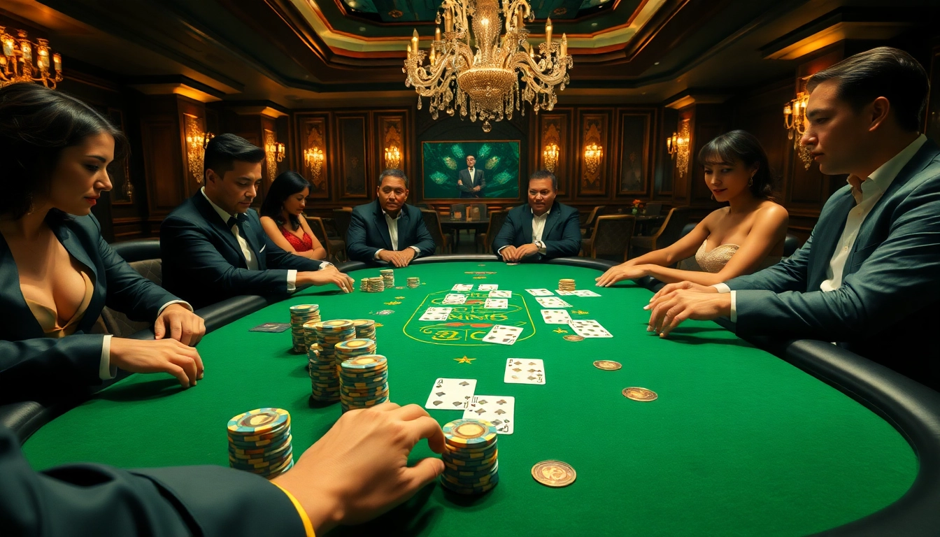 Lively poker scene with intense players at https://luongsontv23.com/, showcasing chips, cards, and luxury ambiance.