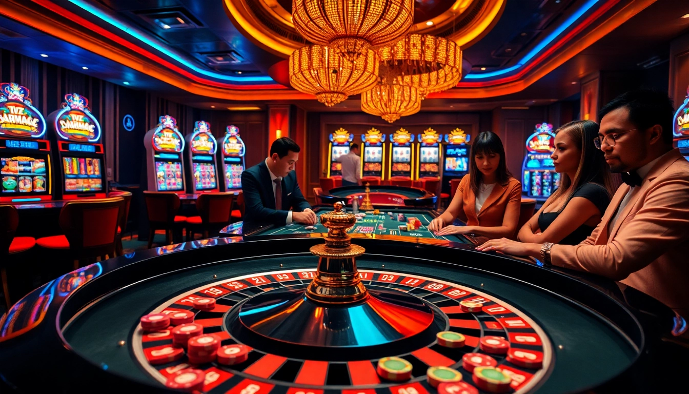 Experience high-stakes gambling excitement at CM88 casino, featuring vibrant roulette and slot machines.