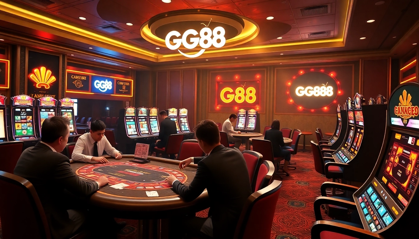 GG88 online casino scene showcasing vibrant slot machines and excited gamblers at poker tables.
