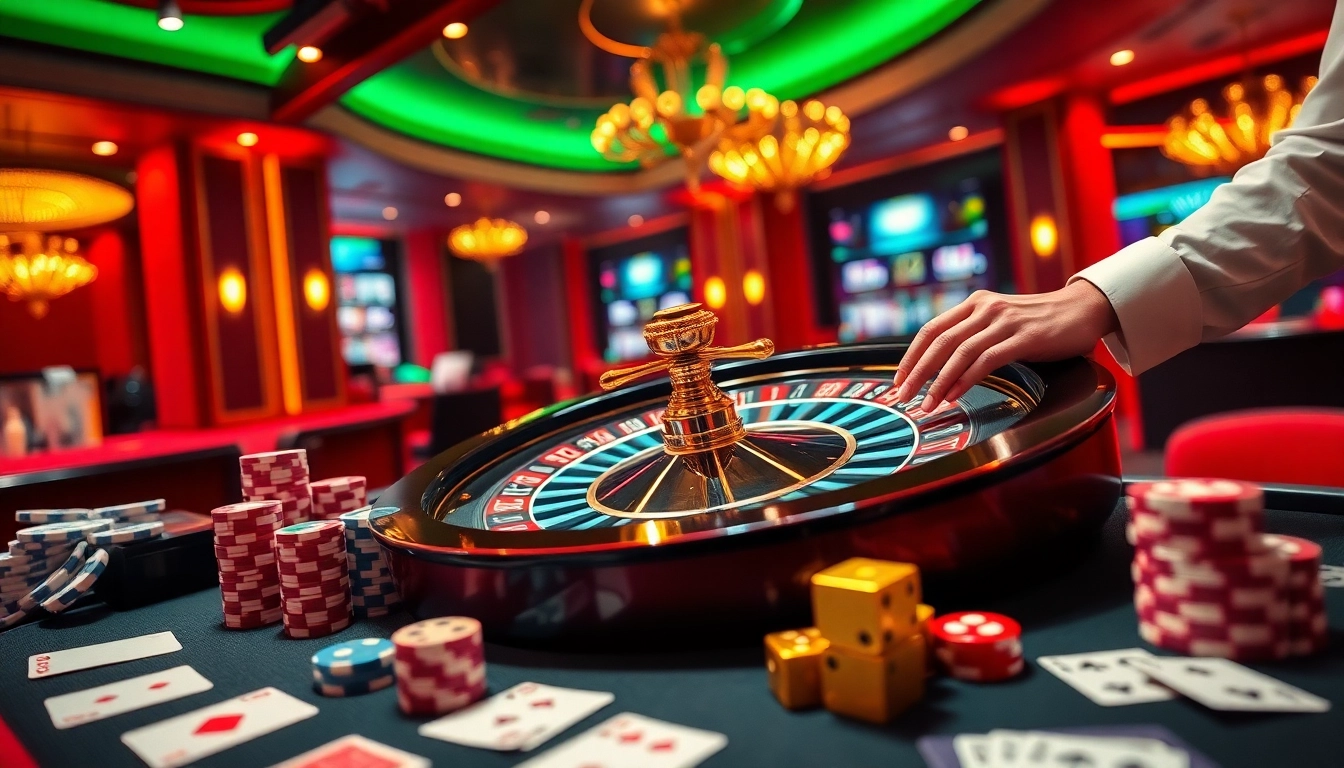 Experience thrilling gameplay at goôg88 with vibrant casino elements like roulette, poker chips, and cards.