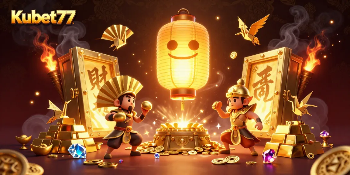 Experience big wins at Kubet77 with a vibrant casino scene featuring golden treasures and thrilling gaming action.