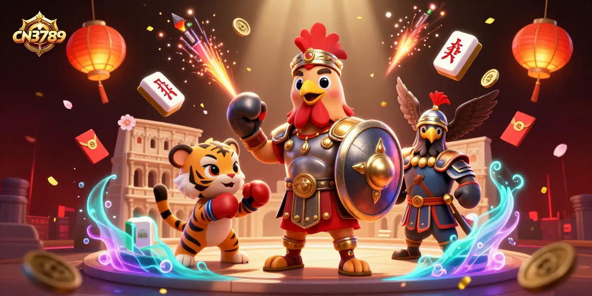 Engage with cn3789 in a vibrant scene showcasing a rooster gladiator and dynamic casino elements.