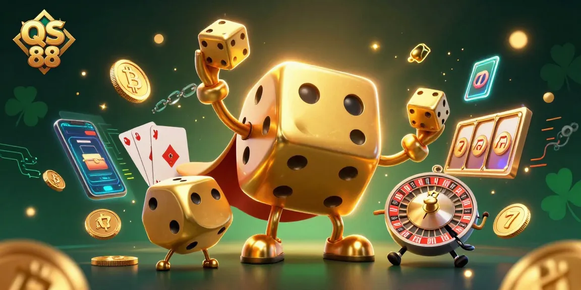 Experience the thrill of QS 88 as the golden dice golem juggles in a vibrant casino scene.