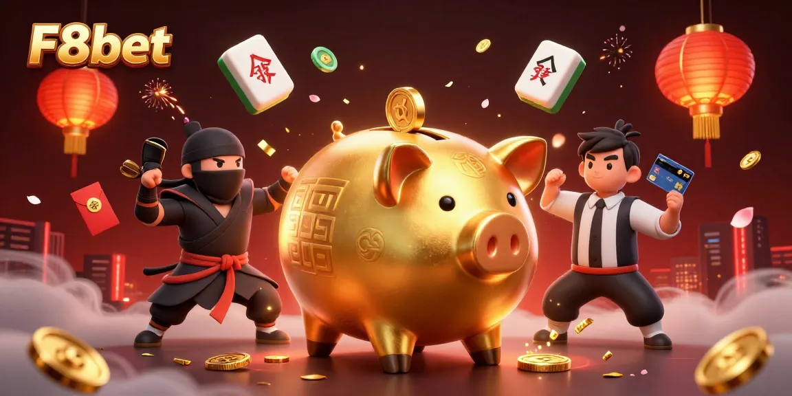 F8bet players engage in dynamic gaming action with a golden piggy bank and ninja characters.