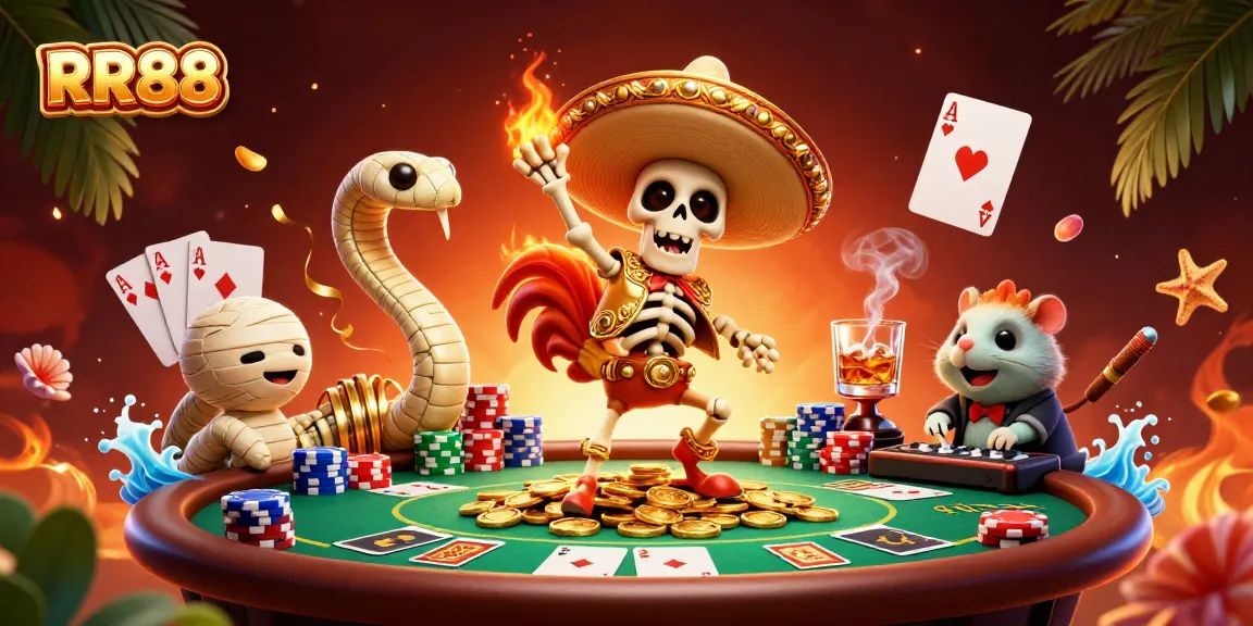 Experience the vibrant excitement of RR88 with dynamic gaming characters celebrating on a pile of coins.