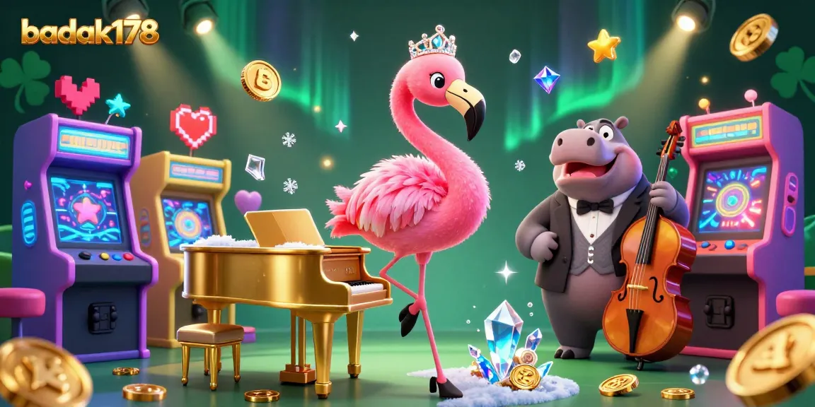 Experience the excitement of badak178 with a vibrant 3D illustration of casino characters amidst glowing gaming elements.