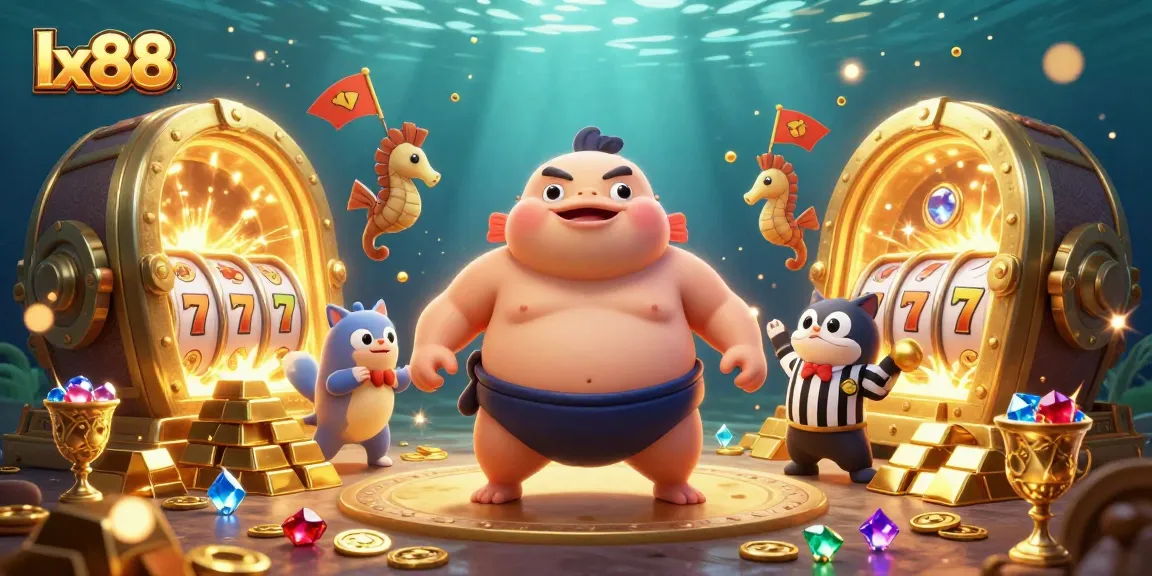 Experience the excitement of lx88 with vibrant casino-themed 3D illustration featuring a sumo fugu, catfish referee, and gold treasures.