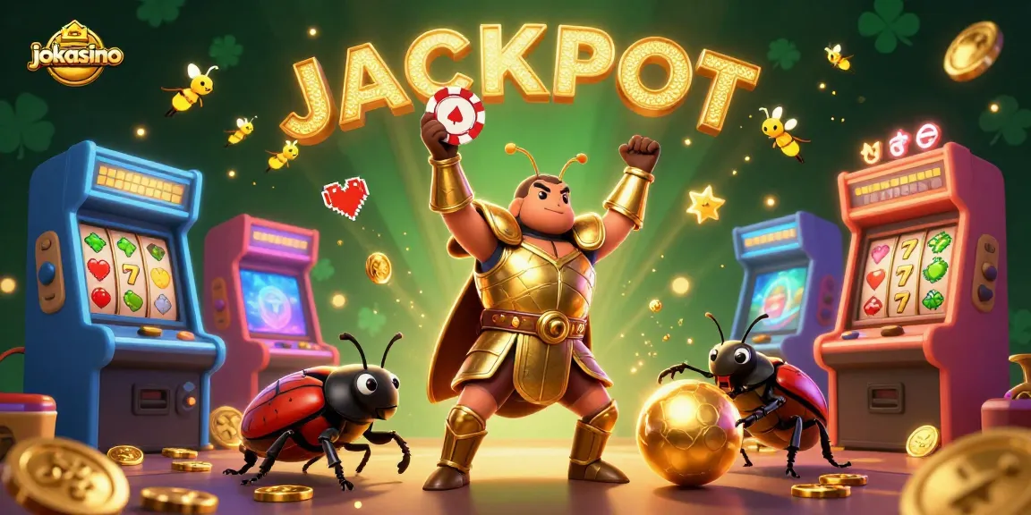 Experience the excitement of jokacasino with a vibrant 3D illustration depicting a heroic beetle and jackpot elements.