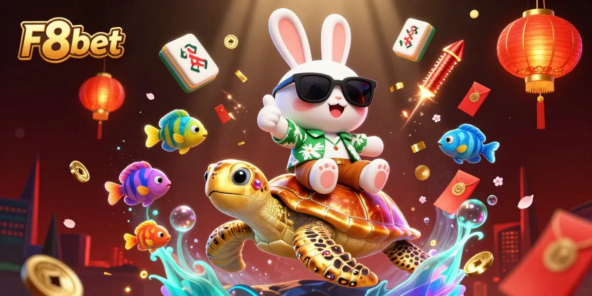 Experience thrilling wins with F8bet in a vibrant illustration showcasing a lucky rabbit and a golden sea turtle.